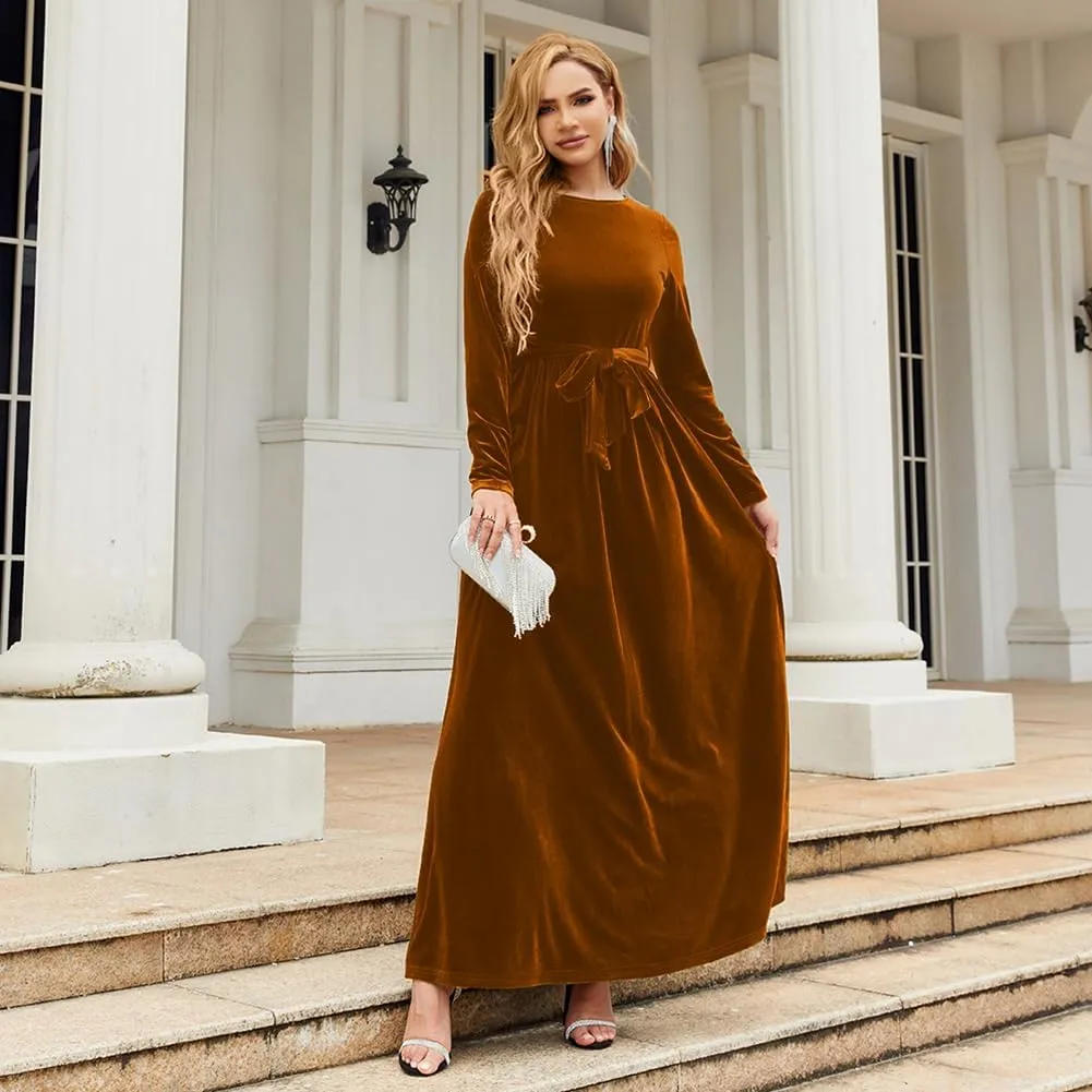 Women's Fall Winter Dress Long Sleeve Velvet Long Maxi Dress with Belt Party Dress Flowy A Line Wedding Guest Dress