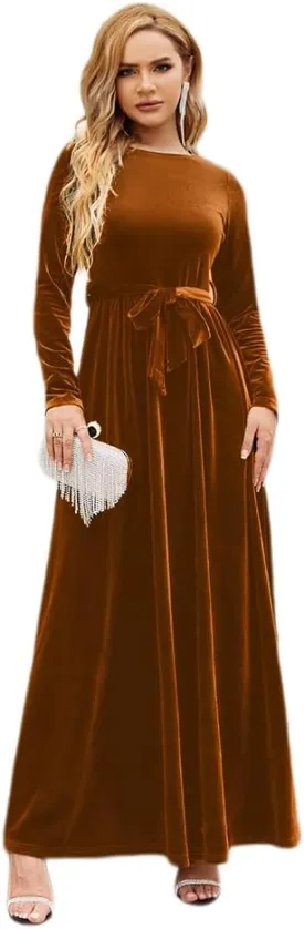 Women's Fall Winter Dress Long Sleeve Velvet Long Maxi Dress with Belt Party Dress Flowy A Line Wedding Guest Dress