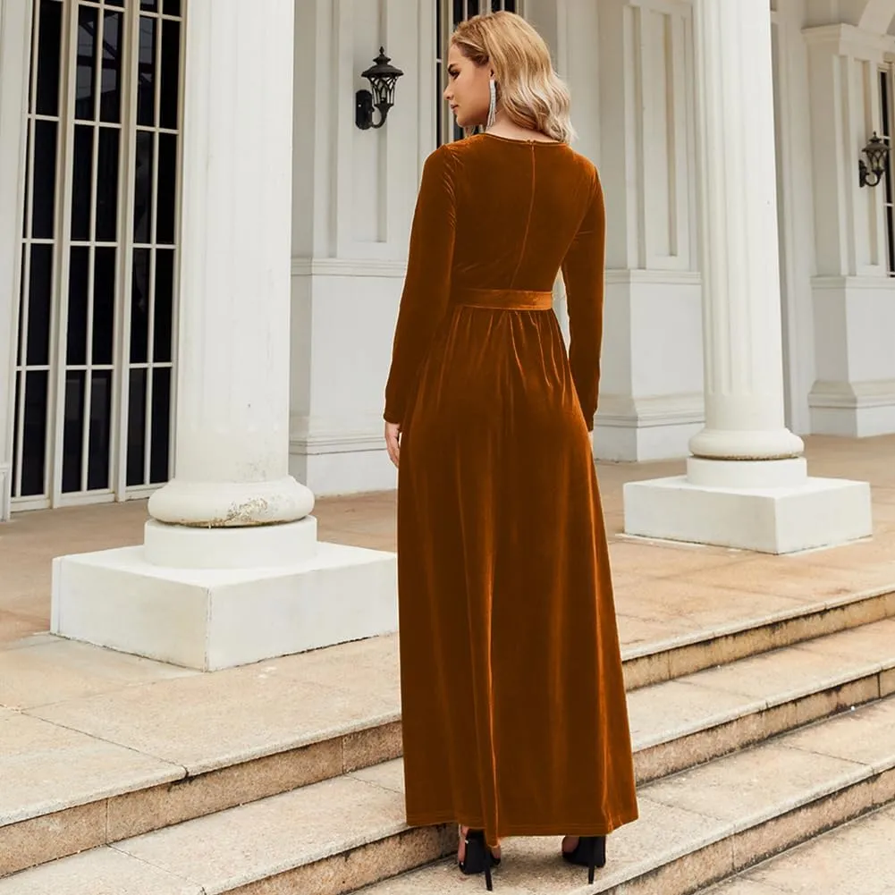 Women's Fall Winter Dress Long Sleeve Velvet Long Maxi Dress with Belt Party Dress Flowy A Line Wedding Guest Dress