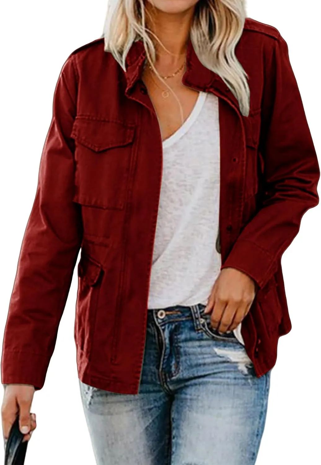 Women's Military Jackets Zip Up Snap Buttons Anorak Coat Utility Safari Jacket Lightweight Fall Outwear with Pockets
