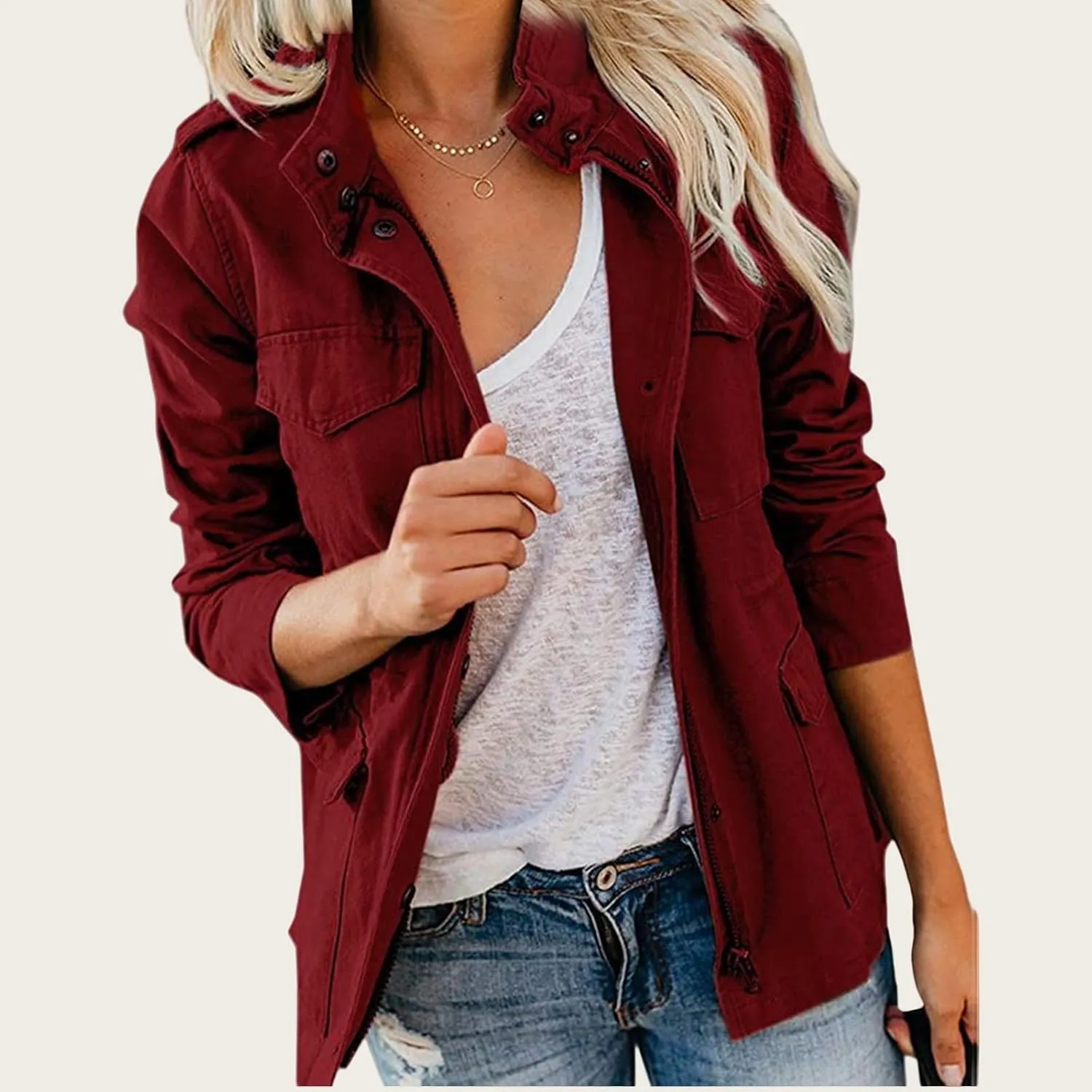 Women's Military Jackets Zip Up Snap Buttons Anorak Coat Utility Safari Jacket Lightweight Fall Outwear with Pockets