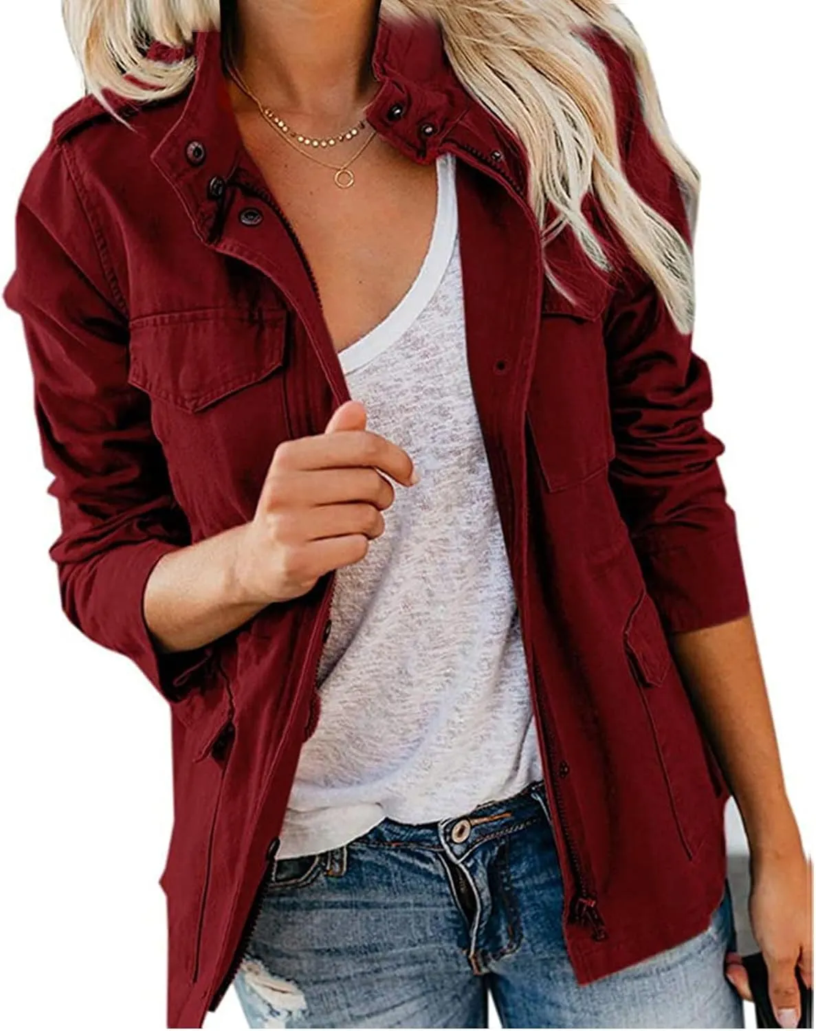 Women's Military Jackets Zip Up Snap Buttons Anorak Coat Utility Safari Jacket Lightweight Fall Outwear with Pockets