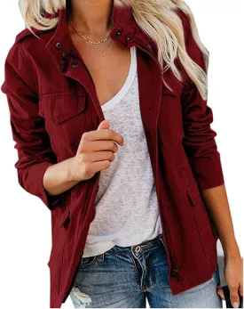 Women's Military Jackets Zip Up Snap Buttons Anorak Coat Utility Safari Jacket Lightweight Fall Outwear with Pockets