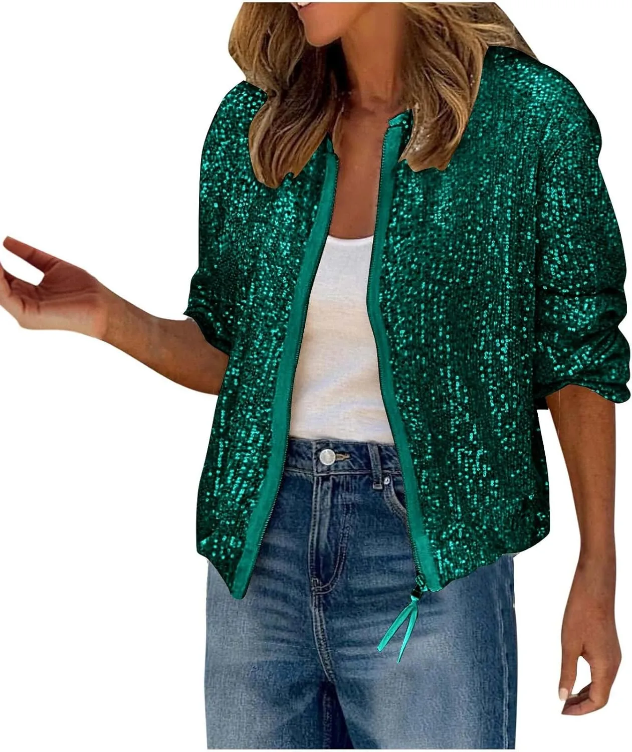 Women's Prom Sequin Jacket, Fashion Full Zip Shiny Sparkly Bomber Jackets Long Sleeve Comfy Party Clubwear Crop Coat