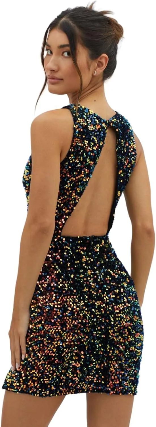 Women's Sexy Backless Sparkly Sequin Mini Dress Split Hem Glitter Velvet Tank Dress Prom Party Cocktail Dress