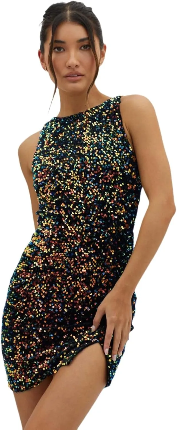 Women's Sexy Backless Sparkly Sequin Mini Dress Split Hem Glitter Velvet Tank Dress Prom Party Cocktail Dress