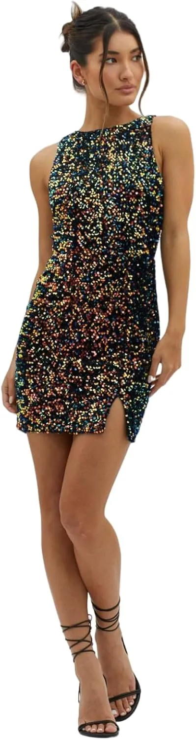 Women's Sexy Backless Sparkly Sequin Mini Dress Split Hem Glitter Velvet Tank Dress Prom Party Cocktail Dress
