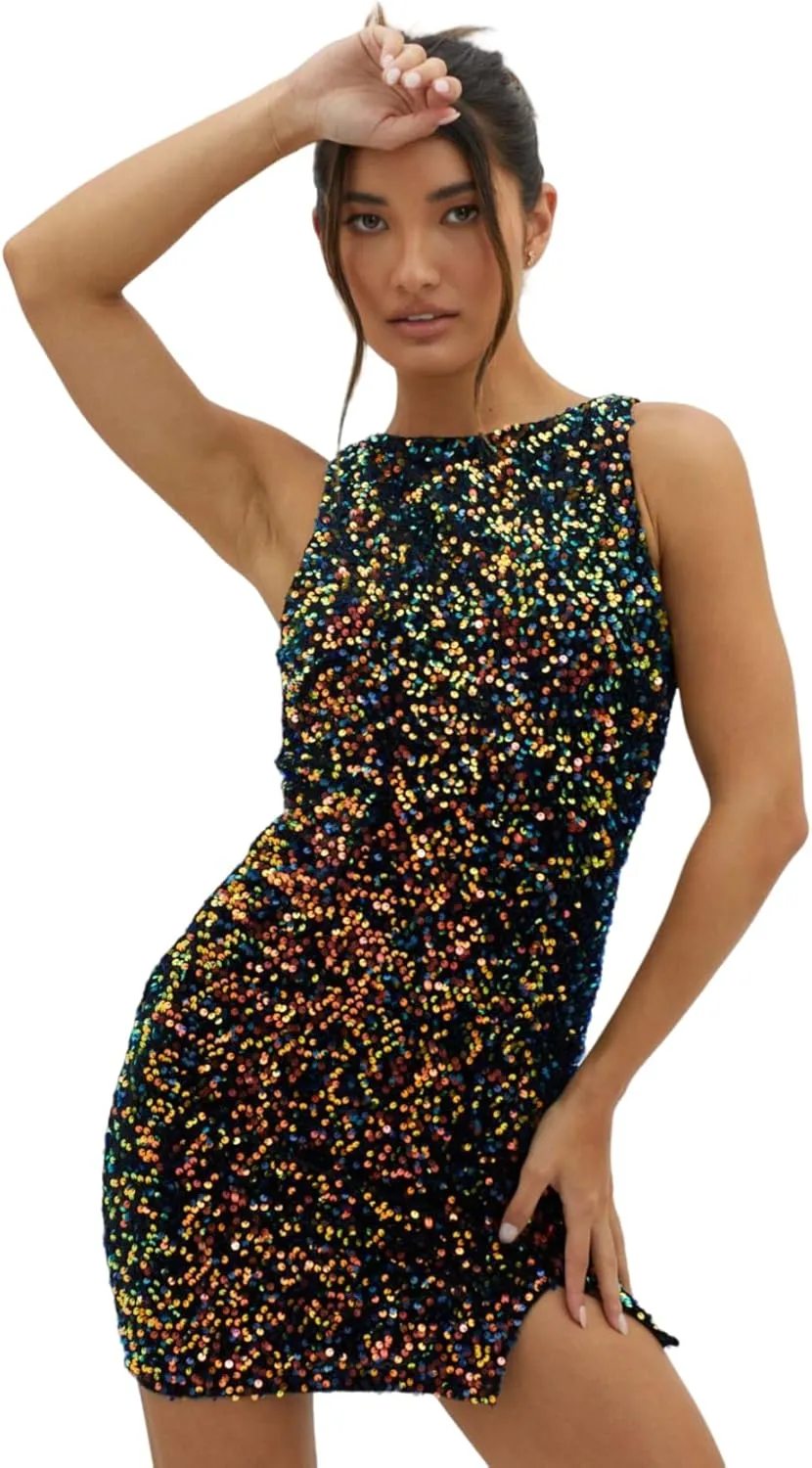 Women's Sexy Backless Sparkly Sequin Mini Dress Split Hem Glitter Velvet Tank Dress Prom Party Cocktail Dress