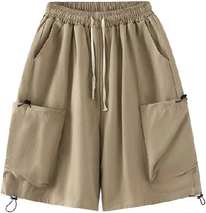 Women's Summer Cargo Shorts Elastic Waist Drawsting Comfy Cotton Loose Shorts