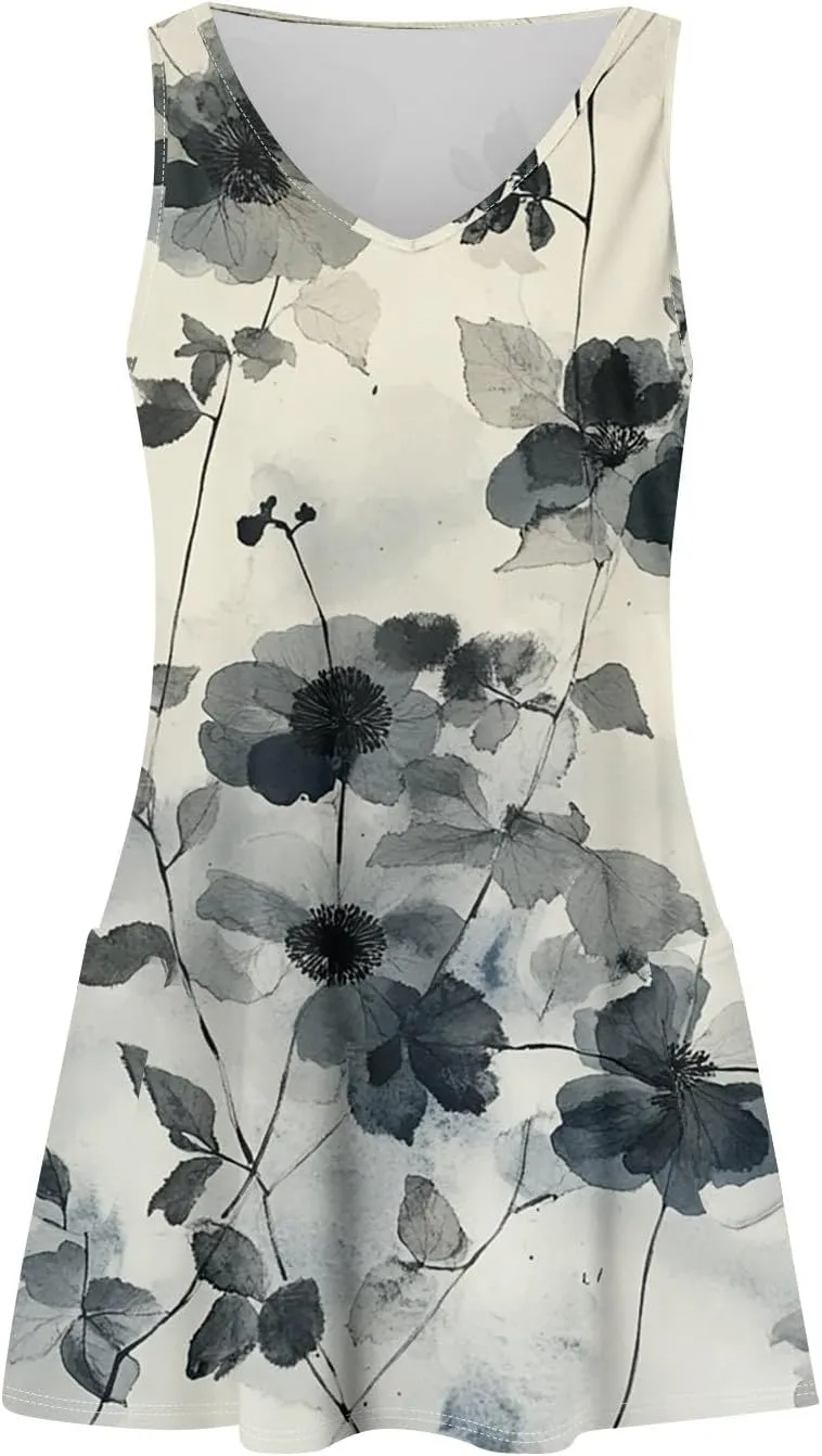 Womens Summer Dresses 2025 Vacation Dress with Pocket Printed V Neck Swimsuit Coverup Casual Sleeveless Sundress