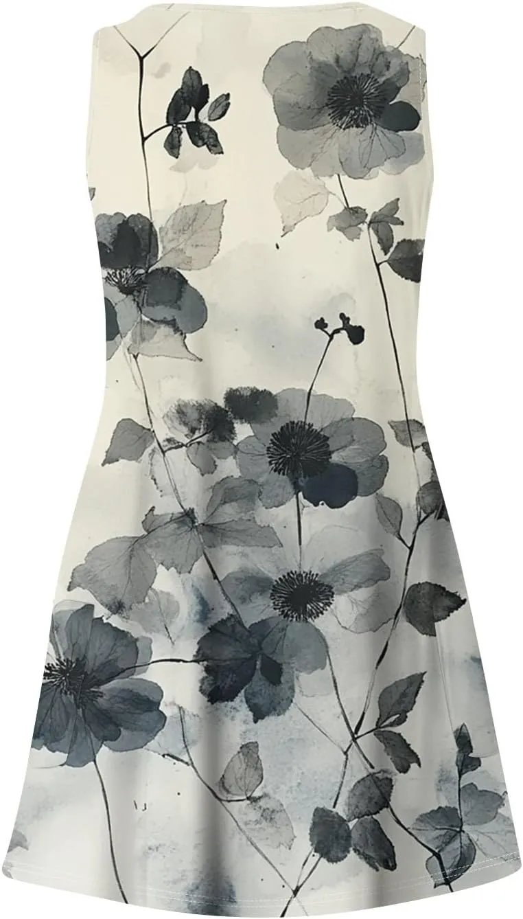Womens Summer Dresses 2025 Vacation Dress with Pocket Printed V Neck Swimsuit Coverup Casual Sleeveless Sundress