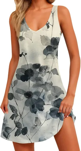 Womens Summer Dresses 2025 Vacation Dress with Pocket Printed V Neck Swimsuit Coverup Casual Sleeveless Sundress
