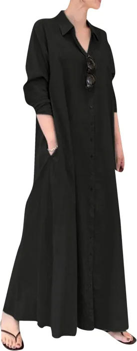 Women's Summer V Neck Long Dress Long Sleeve Solid Casual Maxi Dress Trendy Shirt Dress with Pockets